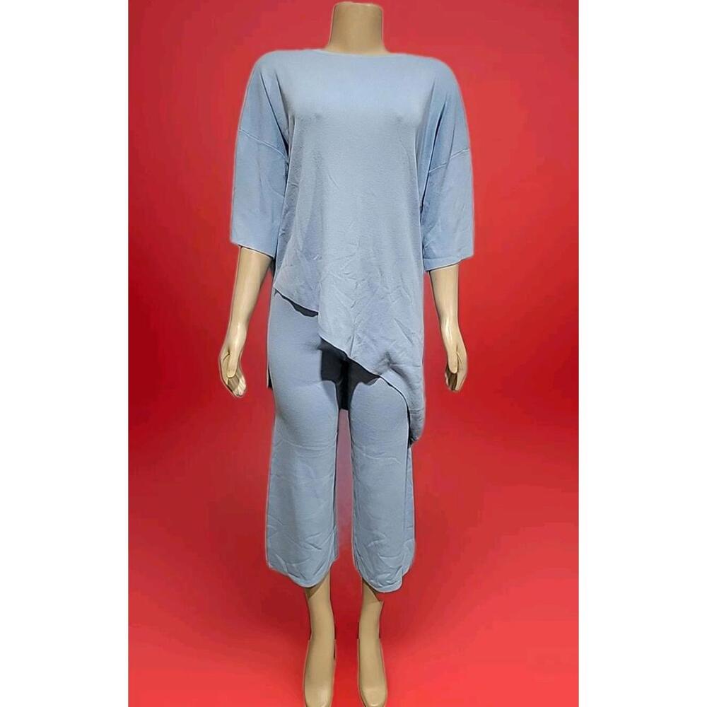 Beulah Style 2 Piece Outfit Blue S-M-L KNIT Asymetric Top Tunic & Pants #01